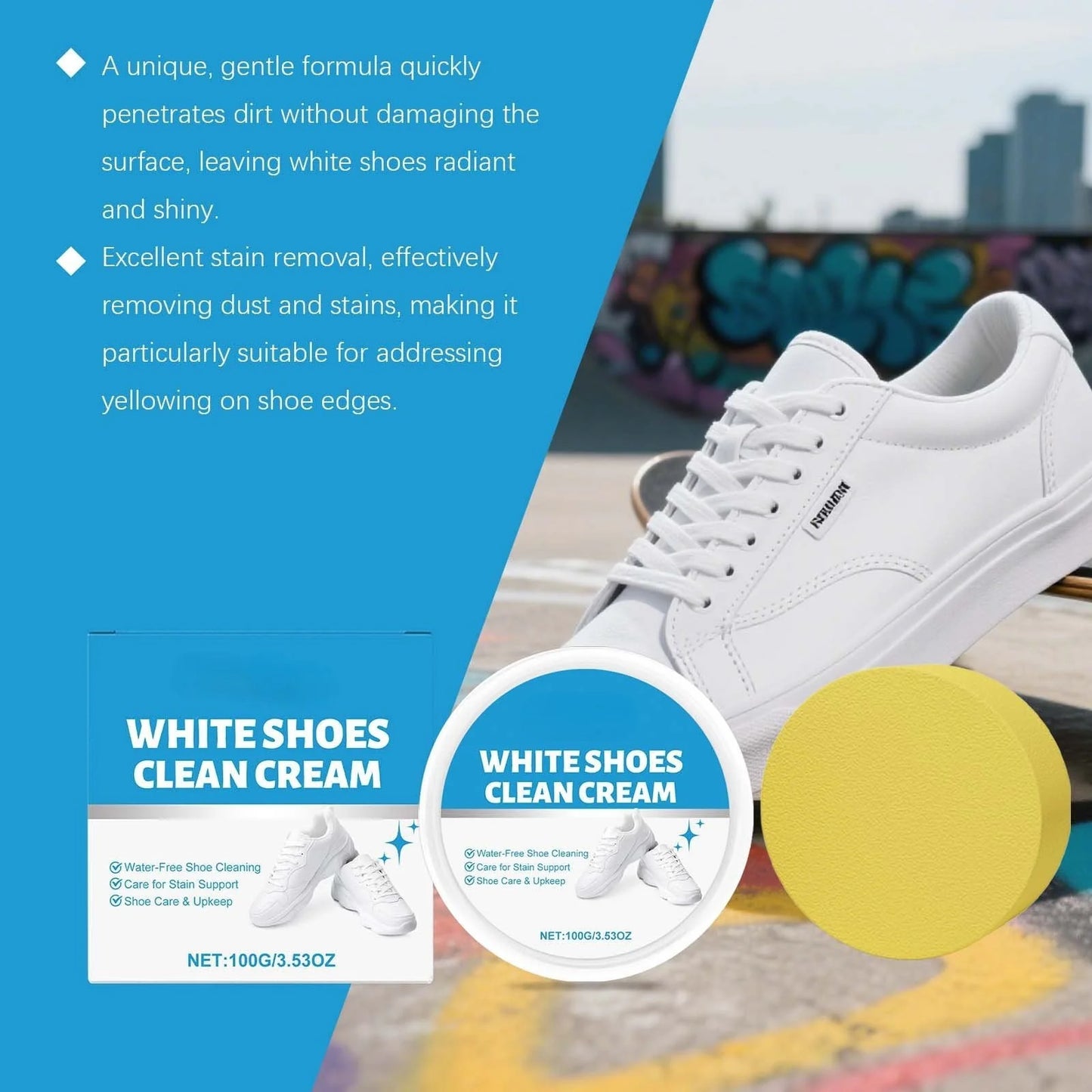 White Shoe Cleaner  Cream  |  Multipurpose  No-Wash Solid  Comes with Sponge